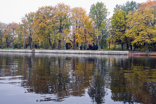 Around Castle Charlottenburg at river Spree in autumn. View from promenade Bonhoeffer-Ufer to park of Castle Cahrlottenburg in Berlin.