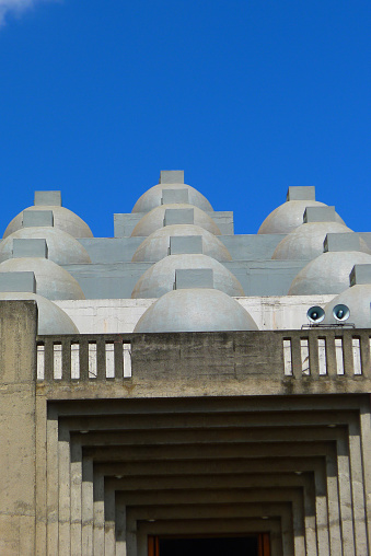 Sao Paulo, Brazil - April 4, 2016: Facade detail of the Museum of Oca, designed by Oscar Niemeyer, in Ibirapuera Park, Sao Paulo, Brazil