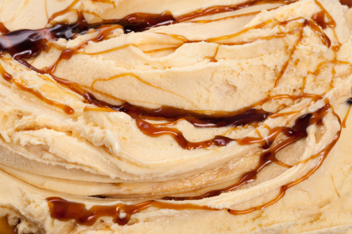 Closeup and cropped view of ice cream with caramel swirls mixed in. Horizontal shot.See similars: