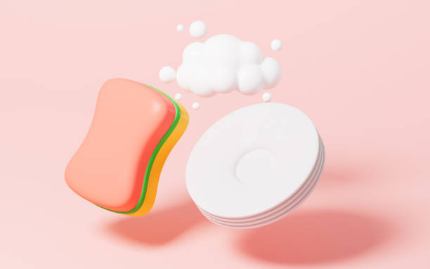 istock Cartoon sponge cleaning dishes, 3d rendering. 1851204421