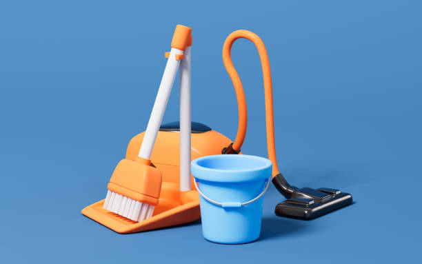 漫画の掃除機、青い背景のほうきとバケツ、3dレンダリング。 - broom sweeping cleaning work tool ストックフォトと画像