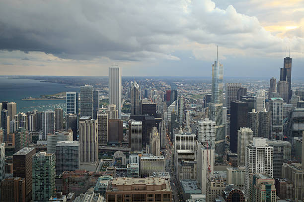 Business skyscraper of glass. Skyscraper in city. City downtown with skyscraper. Office building business district. Modern glass building. Chicago city, copy space. Skyscraper building architecture.