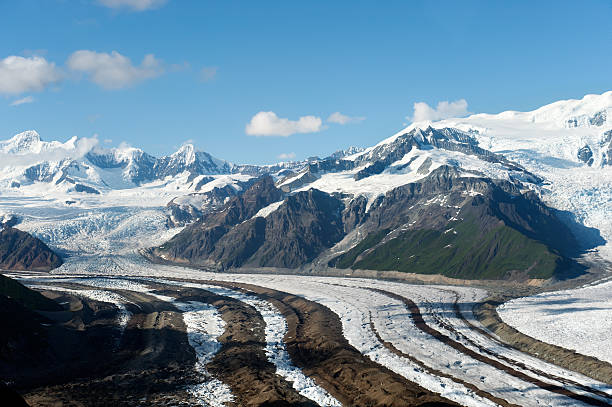 Aerial view of a sweeping glacier near Kennecott in Wrangell - St Elias National Park