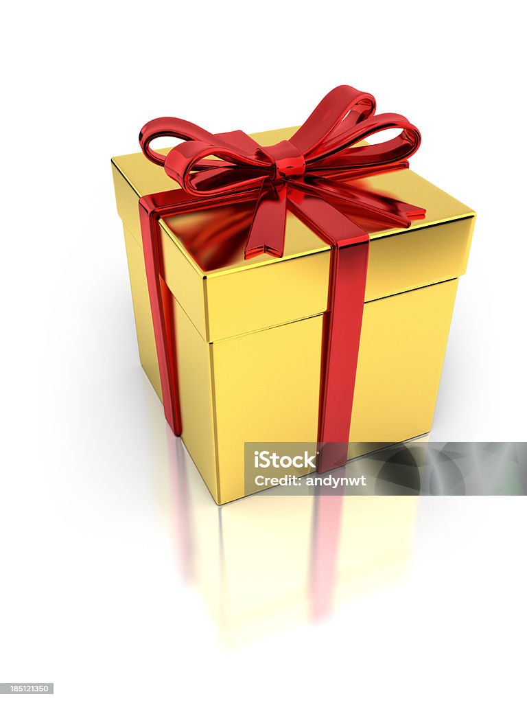 Golden Giftbox with Red Ribbon A golden gift box with red ribbon isolated on white background with clipping path. Celebration Event Stock Photo