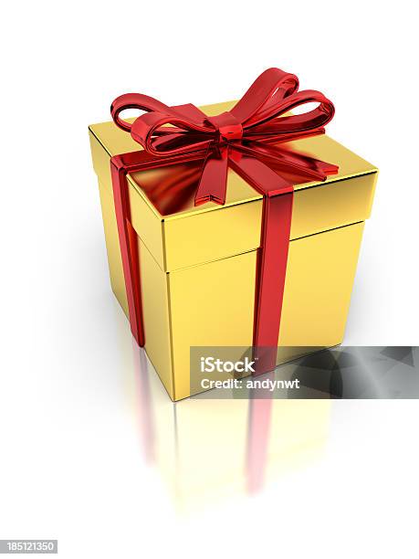 Golden Giftbox With Red Ribbon Stock Photo - Download Image Now - Celebration Event, Clipping Path, Cut Out