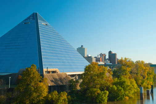 A closer view of the Memphis skyline with the Pyramid Arena to the side.
