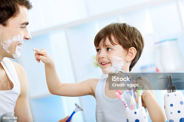 Father And His Son Shaving In The Bathroom Stock Photo - Download Image Now - Father, Son, Shaving