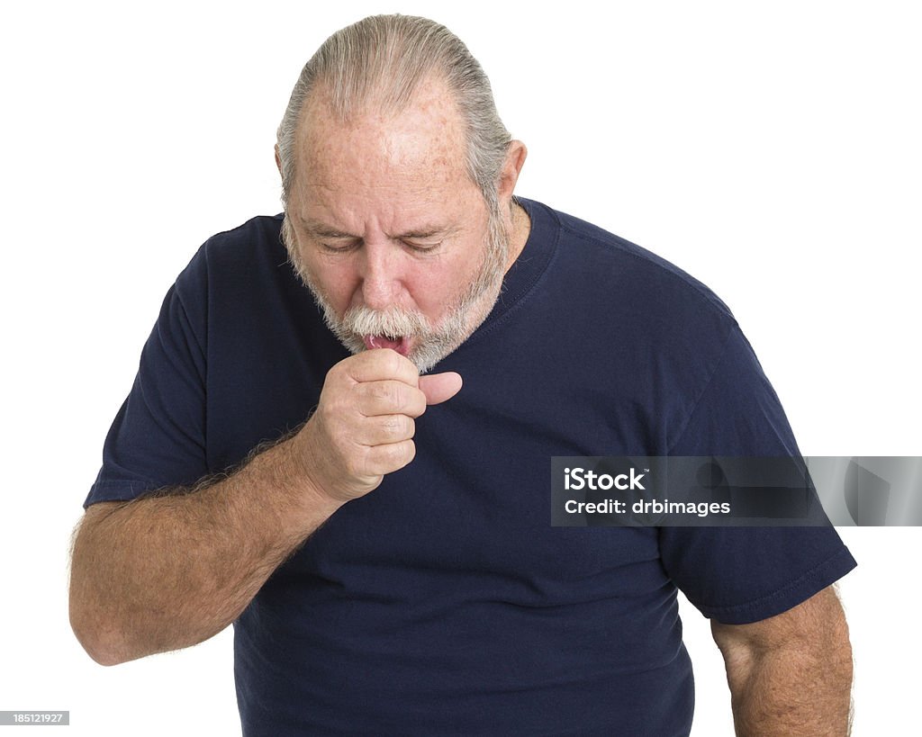 Coughing Senior Man Portrait of a senior man on a white background. Coughing Stock Photo