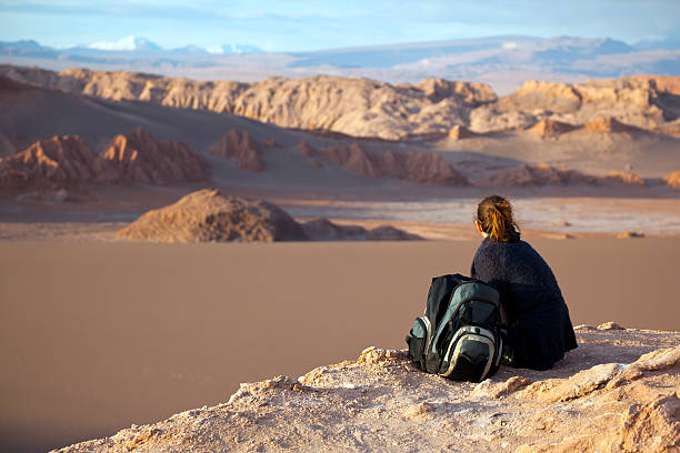Tourist sat on rock looking Valle de la Luna, Chile stock photo