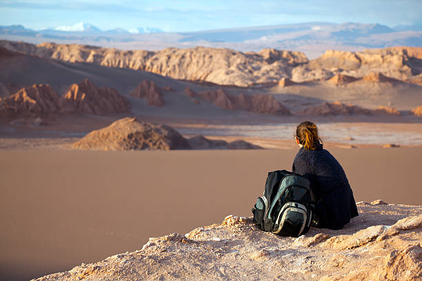 turista sentado numa rocha a olhar sobre valle de la luna no chile - san pedro imagens e fotografias de stock