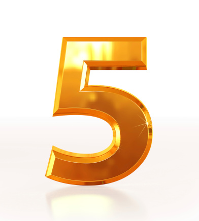 3D rendering of Number 5 made of sparkling gold with reflection isolated on white background.