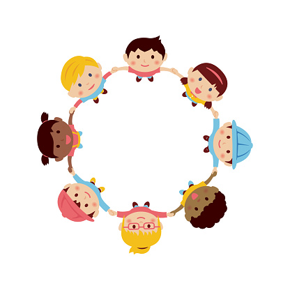 Vector illustration of children holding hands and looking up at the sky ( with text space )