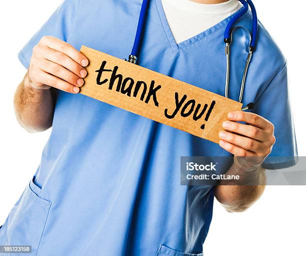 Doctor With Sign Thank You Stock Photo - Download Image Now - Thank You - Phrase, Admiration, Healthcare And Medicine