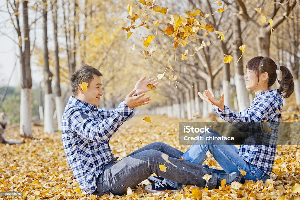 Happy Young couple outdoors portrait happy young  asian couple sitting outdoor in arutumn of forest.adobe rgb 1998 use........... 20-29 Years Stock Photo