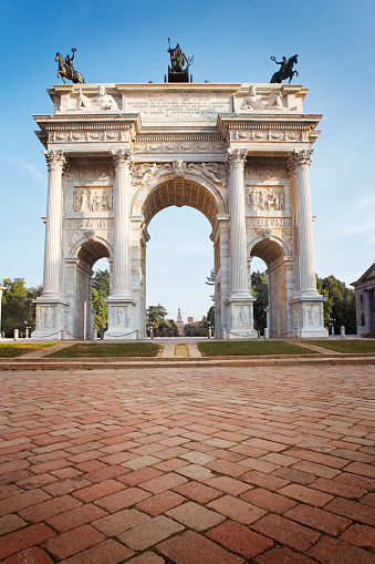 The Peace Arch (Arco della Pace) at Sempione square (Piazza Sempione) in the centre of Milan. See my other photos from Italy: :  http://www.oc-photo.net/FTP/icons/italy.jpg