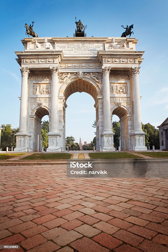 The Peace Arch in Milan The Peace Arch (Arco della Pace) at Sempione square (Piazza Sempione) in the centre of Milan. See my other photos from Italy: :  http://www.oc-photo.net/FTP/icons/italy.jpg Milan Stock Photo