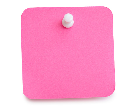Hanging from wall with help stationery buttons is pink sticker for notes