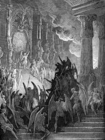 Pandemonium.A scene from Milton's Paradise Lost. Engraving from 1870 by Gustave DorA.