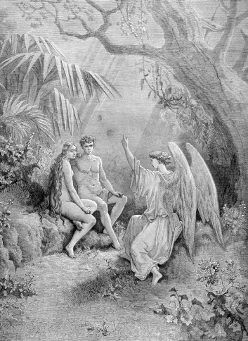 Narration of Archangel Raphael to Adam and Eve.A scene from Milton's Paradise Lost. Engraving from 1870 by Gustave DorA.