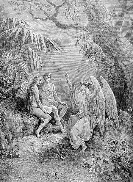 Narration of Archangel Raphael to Adam and Eve.A scene from Milton's Paradise Lost. Engraving from 1870 by Gustave DorA.