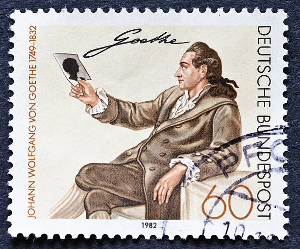 "A stamp printed in Germany  in 1982 shows Johann Wolfgang von Goethe (1749-1832) the German writer and natural philosopher, seated holding a silhouette."