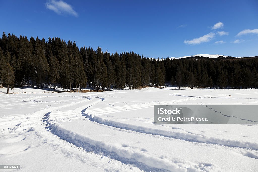 Trilhas para Snowmobile na neve. Paisagem de montanha. - Foto de stock de Alpes europeus royalty-free