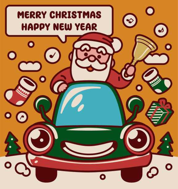 illustrazioni stock, clip art, cartoni animati e icone di tendenza di adorabile babbo natale su un'auto antropomorfa che viaggia per il mondo suonando una campana tintinnante e augurandoti un buon natale e un felice anno nuovo - bell jingle christmas music