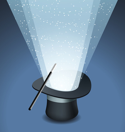 Magic Top Hat with Wand Trick and Stars Light, vector illustration cartoon.