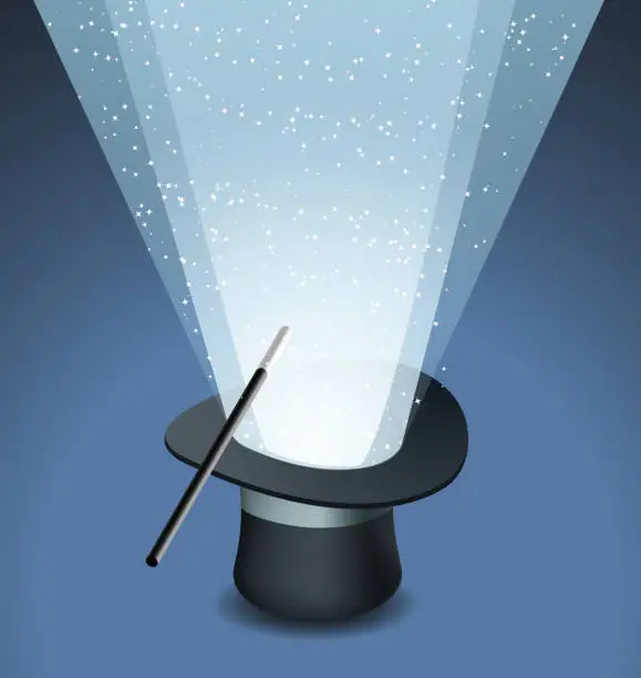 Vector illustration of Magic Top Hat with Wand Trick and Stars Light