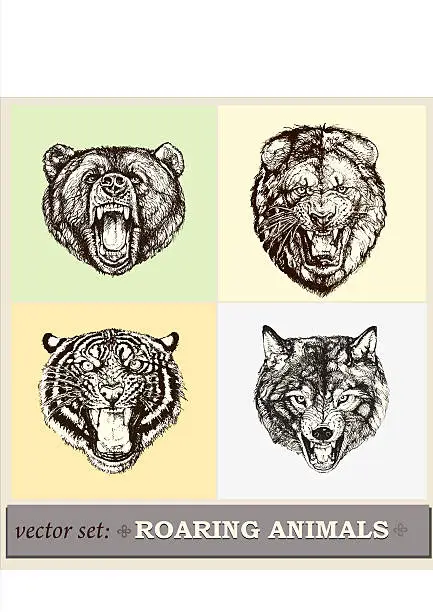 Vector illustration of Vector illustration: heads of roaring animals