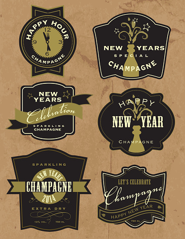 Vector illustration of a set of New Years Champagne bottle labels.