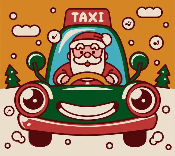 Vector illustration of Adorable Santa Claus driving an anthropomorphic car working as a taxi driver