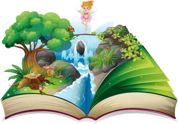 Vector illustration of open book with image of a fairy land