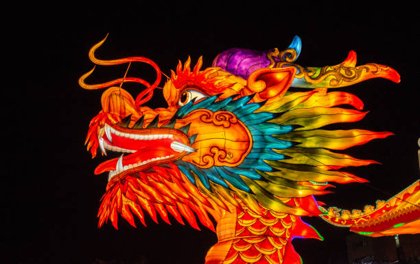 istock Chinese Light dragon head with Black background 1851354487