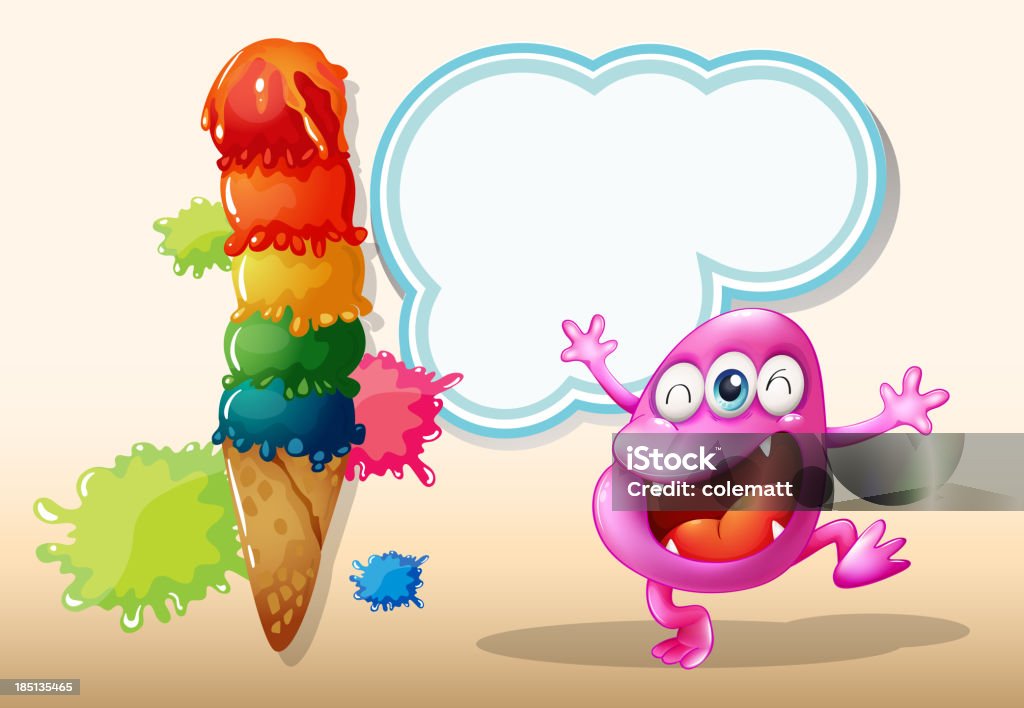 Feliz rosa beanie monster cerca del icecream gigante - arte vectorial de Animal libre de derechos