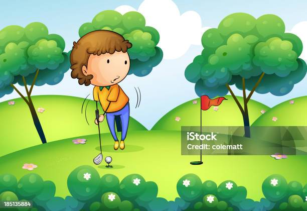 Mulher Jogar Golfe No Topo De Colina - Arte vetorial de stock e mais imagens de Adulto - Adulto, Ao Ar Livre, Arbusto