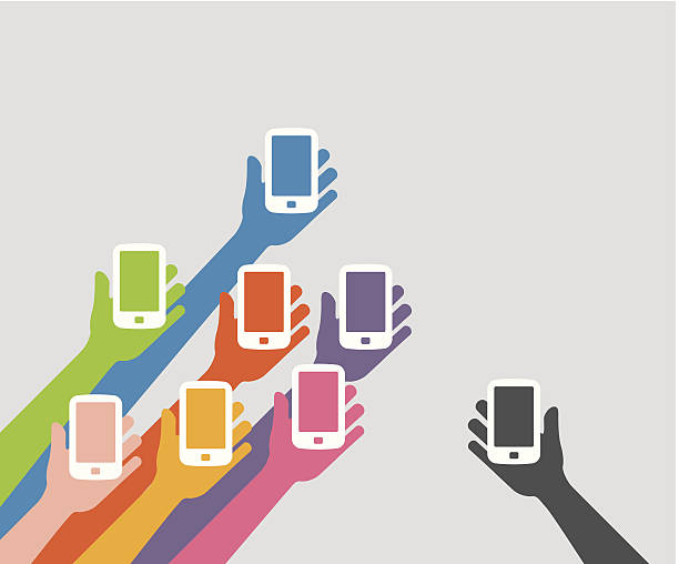 Raised hands holding the phone People with raised hands holding the phone. internet silhouettes stock illustrations