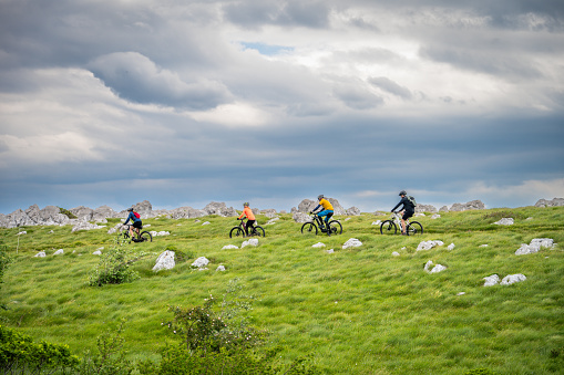 Group of people riding electric mountain bikes together at green meadows and cloudscape scenery wide shot side view