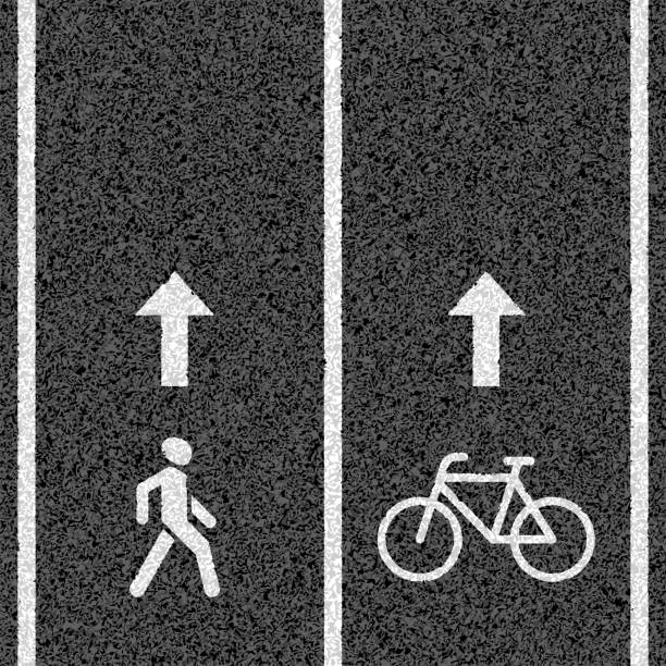 ilustraciones, imágenes clip art, dibujos animados e iconos de stock de bicicleta y sendero peatonal - asphalt road street dividing line