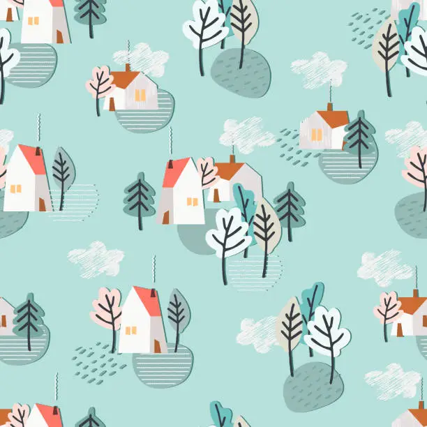 Vector illustration of Seamless pattern with winter cottages, fir trees and skis in the snow. Winter recreation concept