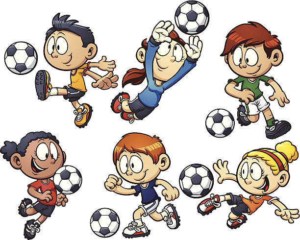 comic fußball spielende kinder - jugendfußball stock-grafiken, -clipart, -cartoons und -symbole