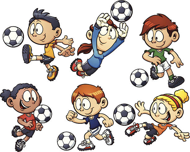 illustrazioni stock, clip art, cartoni animati e icone di tendenza di fumetto di bambini che giocano a calcio - bambini calcio