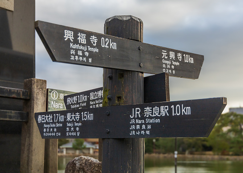 Nara, Japan is one of the famous tourist destination, the road sign direct the tourists to many attractions.