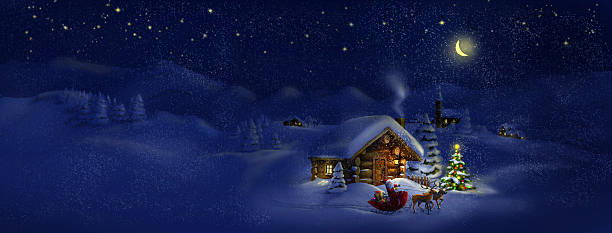 санта с представляет, deers, рождество дерево, hut. панорама пейзаж - church in the snow stock illustrations