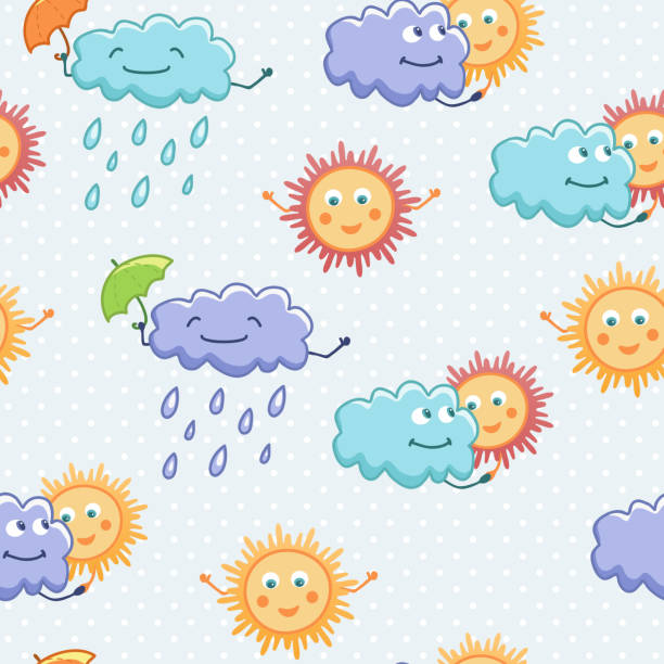 ilustraciones, imágenes clip art, dibujos animados e iconos de stock de clima seamless texture.  funny nubes. - seamless pattern meteorology snowflake