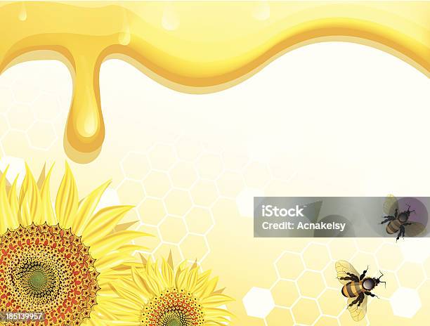 Sunflowers And Bees On Honey Background Stock Illustration - Download Image Now - Agriculture, Beauty, Bee