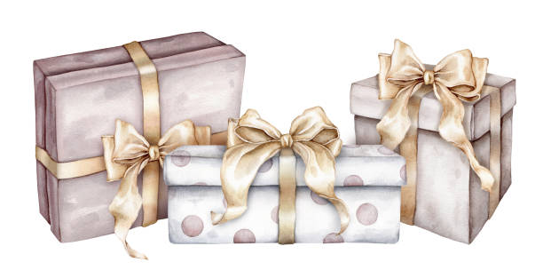 ilustrações de stock, clip art, desenhos animados e ícones de new year and birthday beige and white with polka dots gift boxes with gold bows. watercolor hand drawing illustration on isolated white background. element for design holidays or wedding pastel colors - gift box packaging drawing illustration and painting
