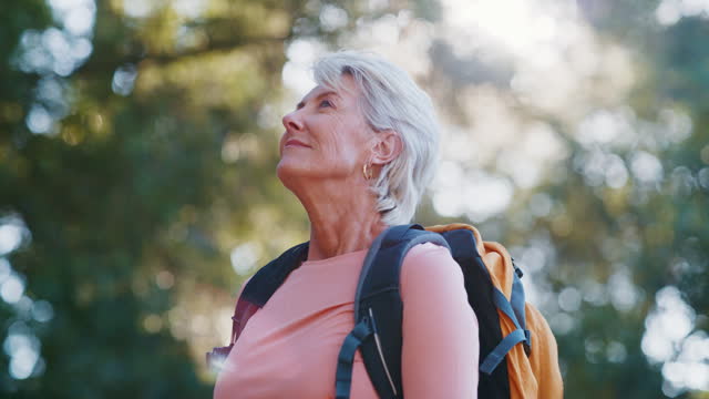 Senior woman, hiking and breathing fresh air in nature for outdoor wellness, fitness and health in lens flare. Elderly person trekking in forest or park with backpack for adventure, travel or journey