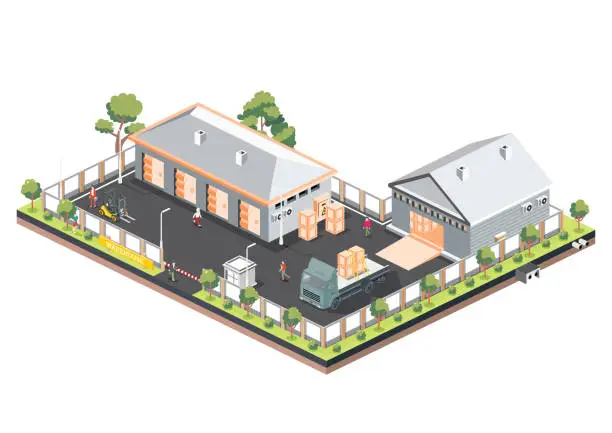 Vector illustration of Isometric depiction of a Distribution Logistic Center featuring warehouse storage facilities and truck. capturing the loading and discharging terminal.