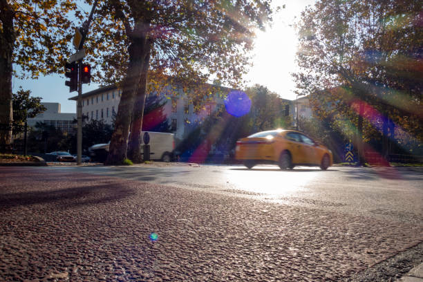 istock Crosswalk in evening light, reverse light. No people. Traffic lamp. Crossroads. 1851489792